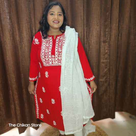 Red Plus Size Long Modal Kurti - The Chikan Store