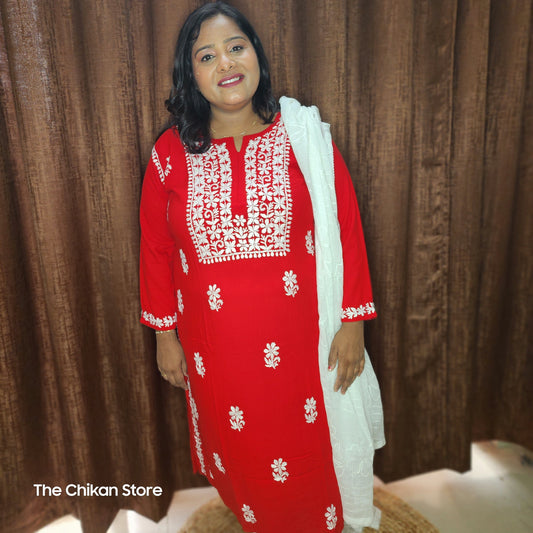 Red Plus Size Long Modal Kurti - The Chikan Store