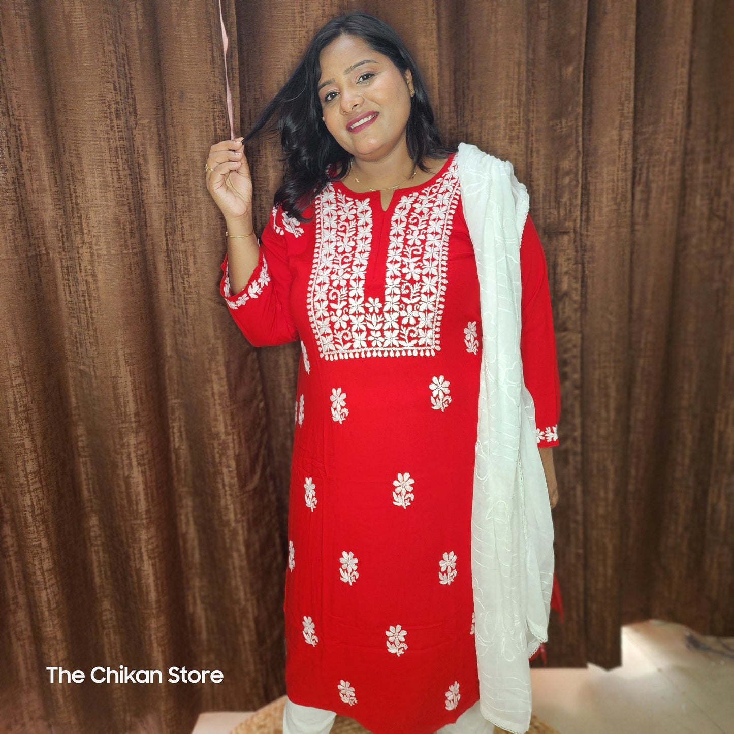Red Plus Size Long Modal Kurti - The Chikan Store
