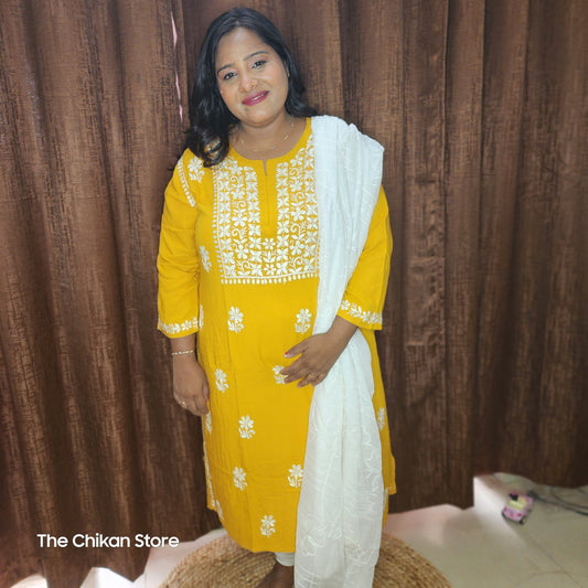 Yellow Plus Size Long Modal Kurti - The Chikan Store