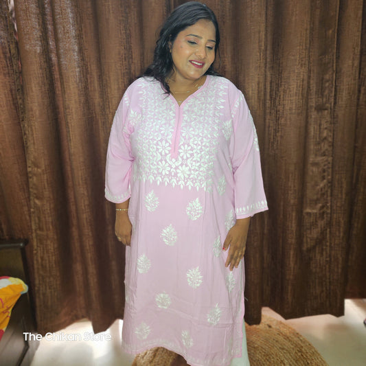 Baby Pink Plus Size Long Modal Kurti - The Chikan Store