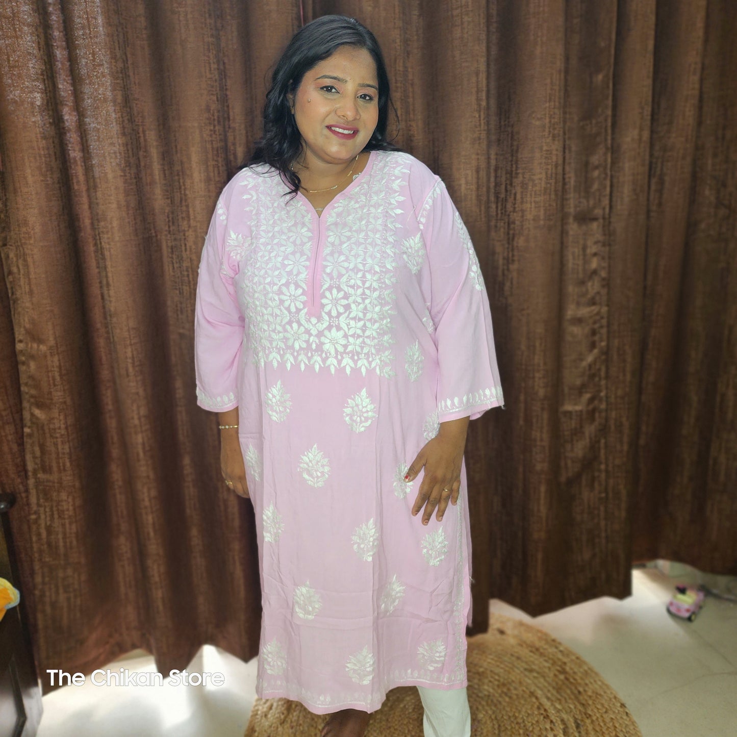 Baby Pink Plus Size Long Modal Kurti - The Chikan Store