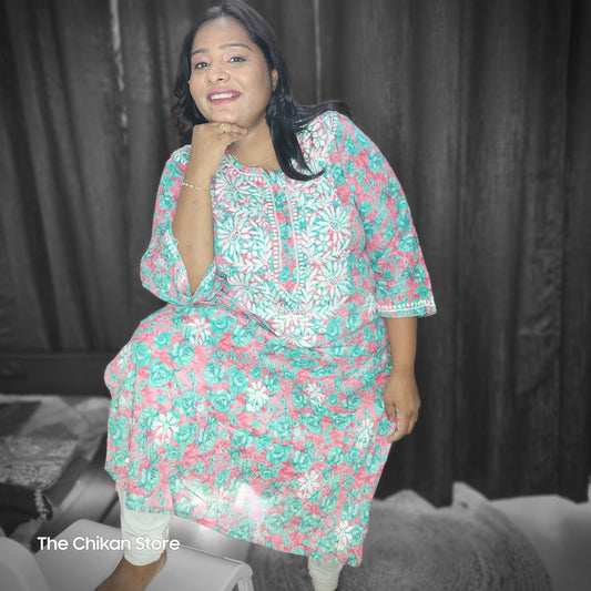 Pastel Pink and Turquoise Plus Size Long Printed Malmal Kurti - The Chikan Store