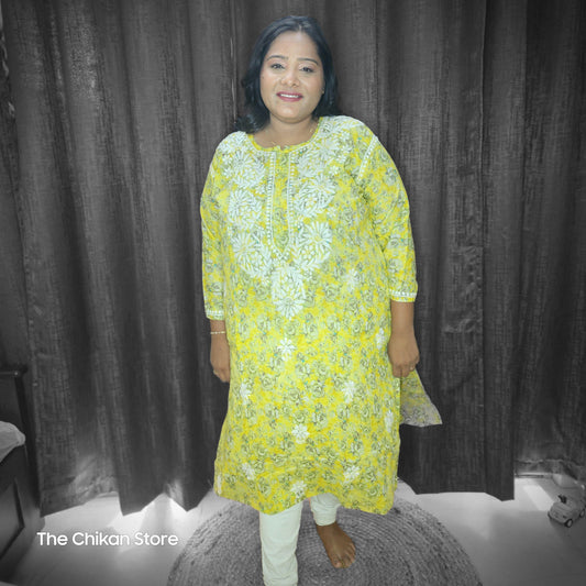 Corn Yellow Plus Size Long Printed Malmal Kurti - The Chikan Store