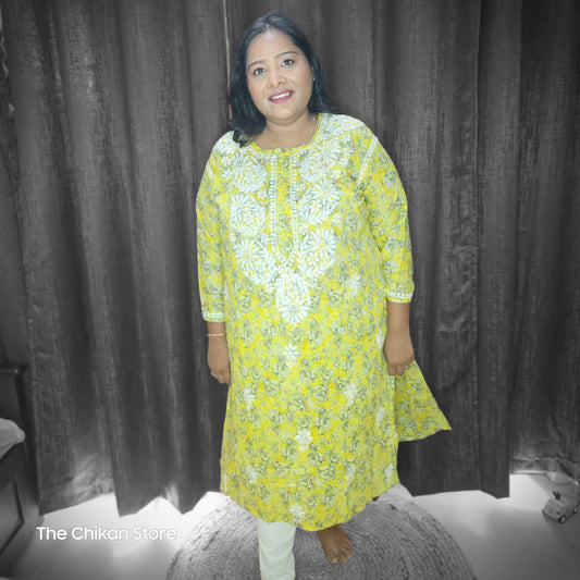 Corn Yellow Plus Size Long Printed Malmal Kurti - The Chikan Store