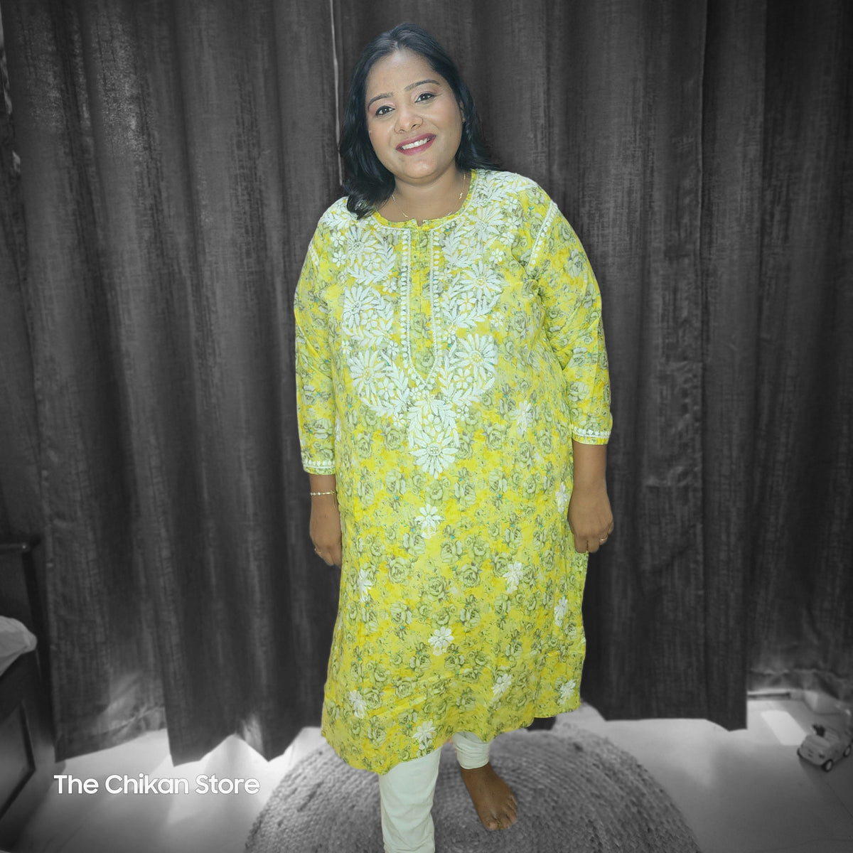 Corn Yellow Plus Size Long Printed Malmal Kurti - The Chikan Store