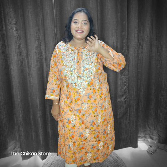Peach Orange Plus Size Long Printed Malmal Kurti - The Chikan Store