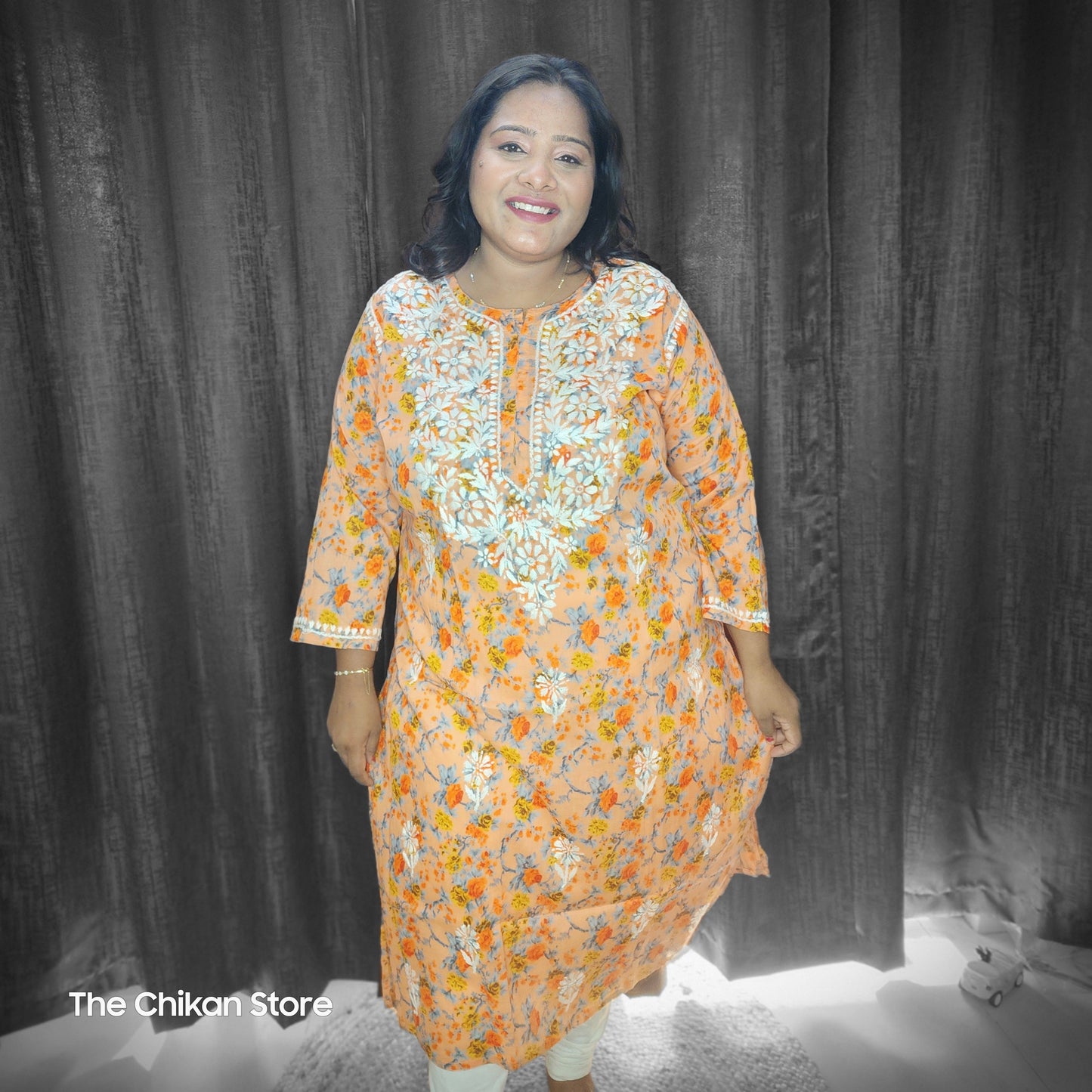 Peach Orange Plus Size Long Printed Malmal Kurti - The Chikan Store
