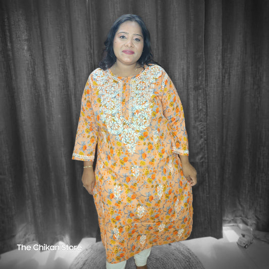 Peach Orange Plus Size Long Printed Malmal Kurti - The Chikan Store