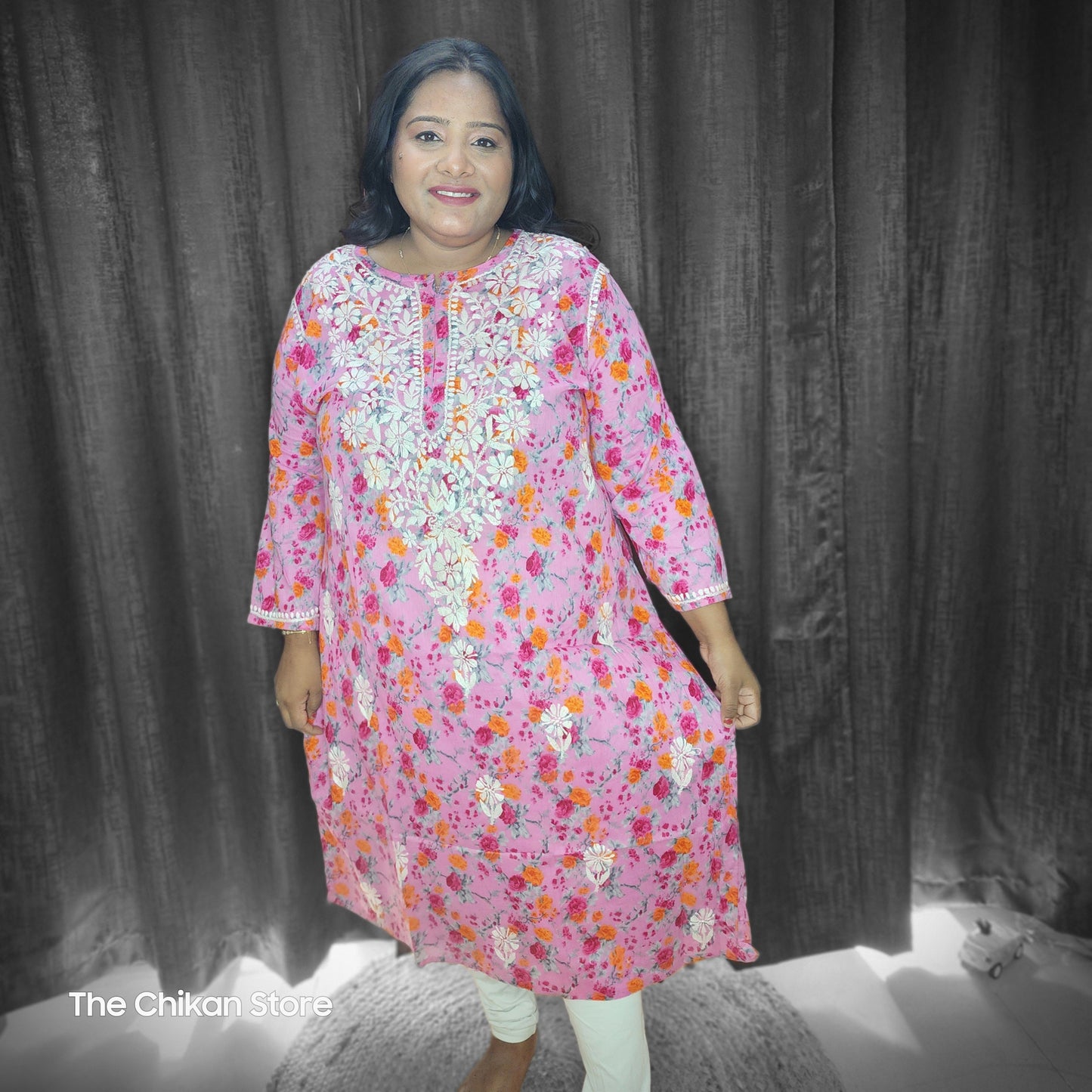 Lilac Plus Size Long Printed Malmal Kurti - The Chikan Store