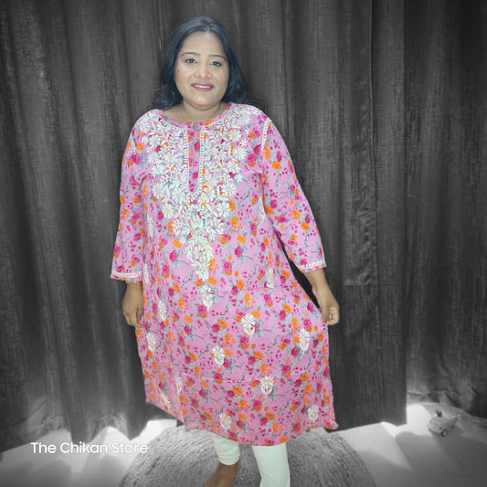 Lilac Plus Size Long Printed Malmal Kurti - The Chikan Store