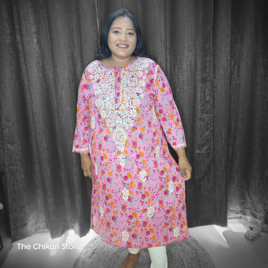 Lilac Plus Size Long Printed Malmal Kurti - The Chikan Store