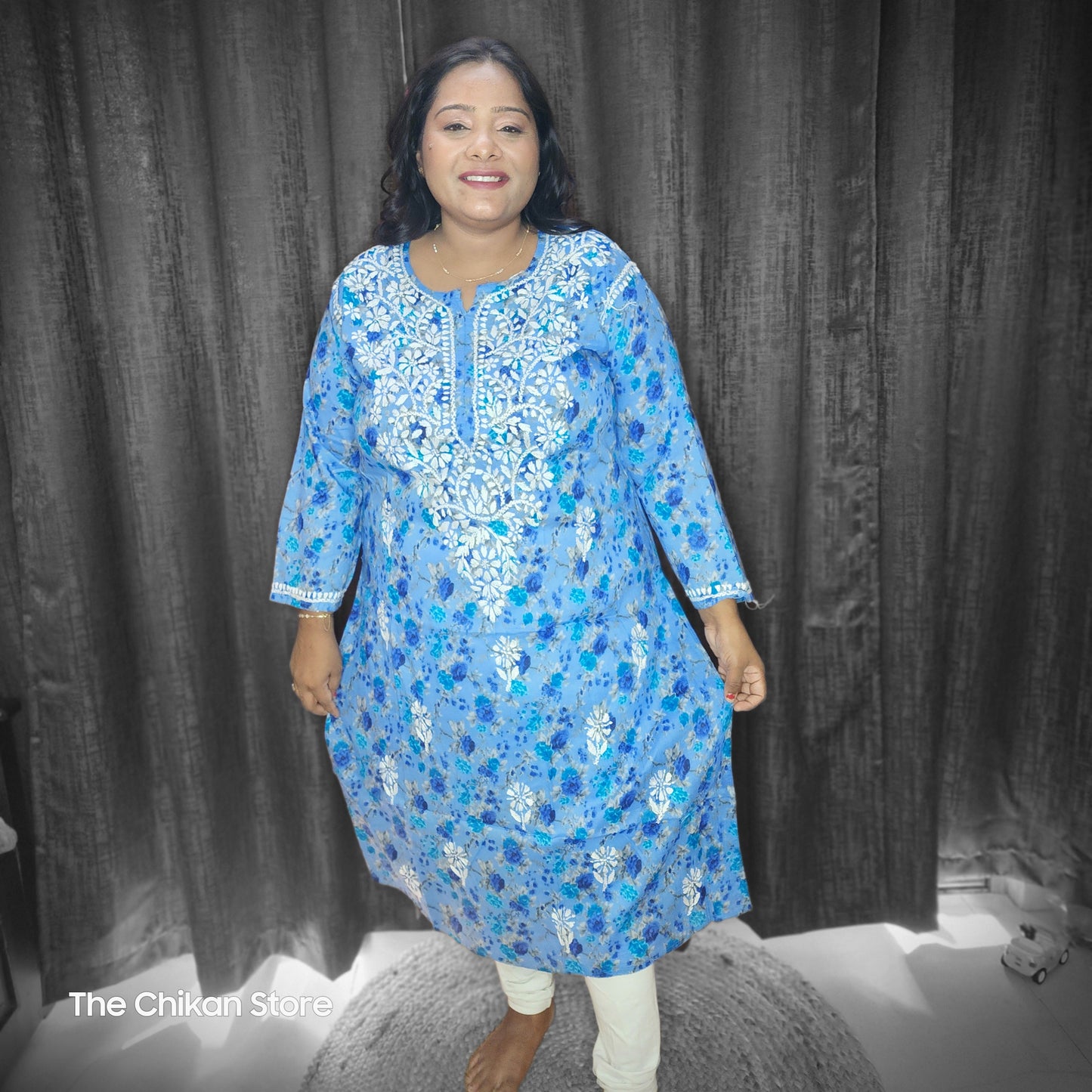Blue Plus Size Long Printed Malmal Kurti - The Chikan Store