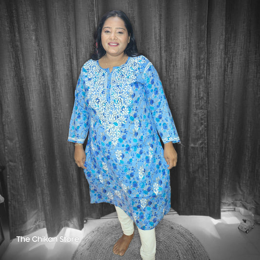 Blue Plus Size Long Printed Malmal Kurti - The Chikan Store