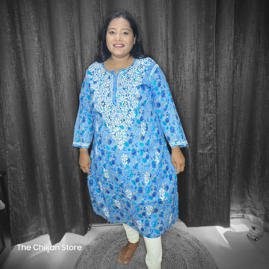 Blue Plus Size Long Printed Malmal Kurti - The Chikan Store