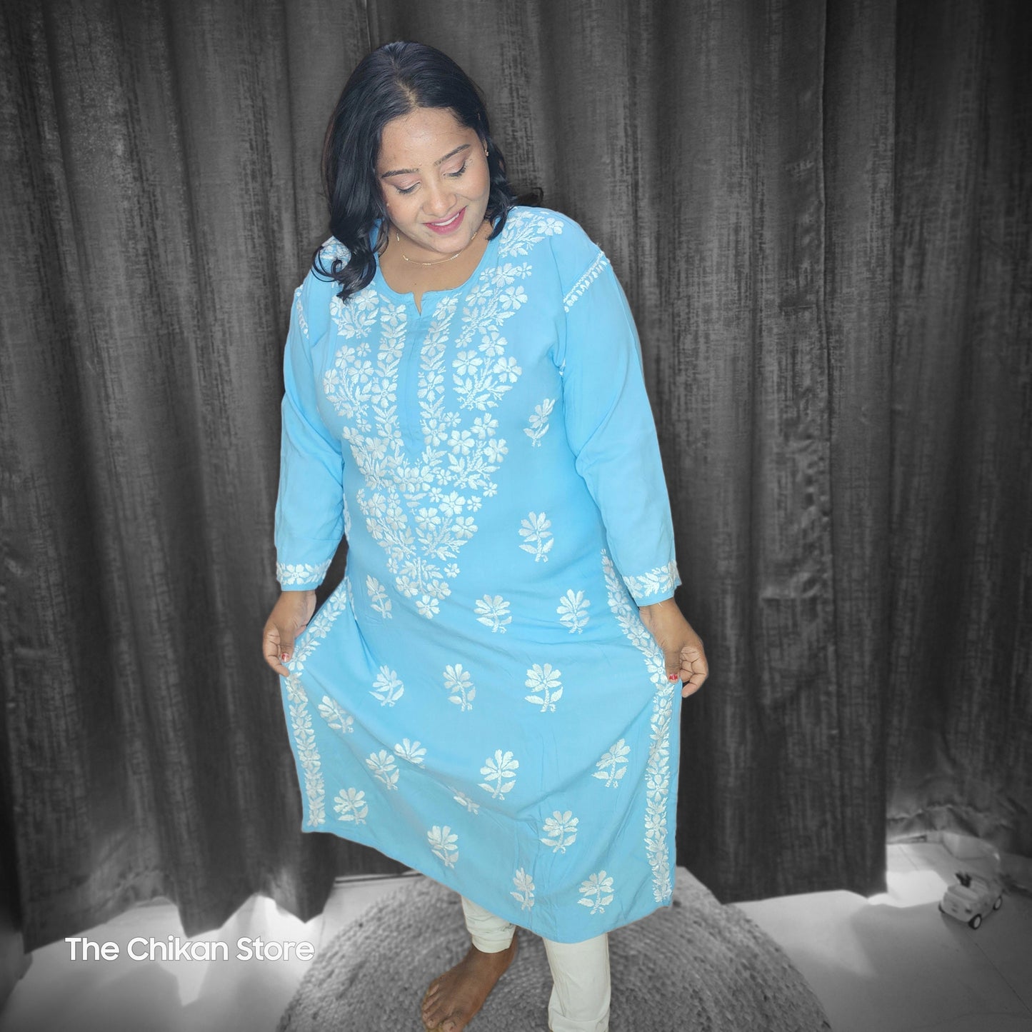 Sky Blue Plus Size Long Modal Kurti - The Chikan Store