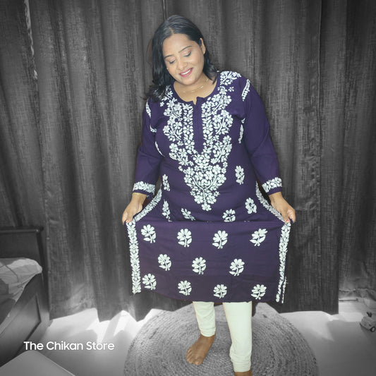 Prussian Blue Plus Size Long Modal Kurti - The Chikan Store