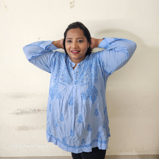 Premium Powder Blue Plus Size Short Modal Tone to Tone 3D Kurti - The Chikan Store