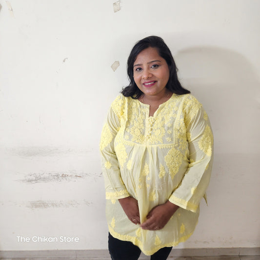 Premium Vanilla Yellow Plus Size Short Modal Tone to Tone 3D Kurti - The Chikan Store