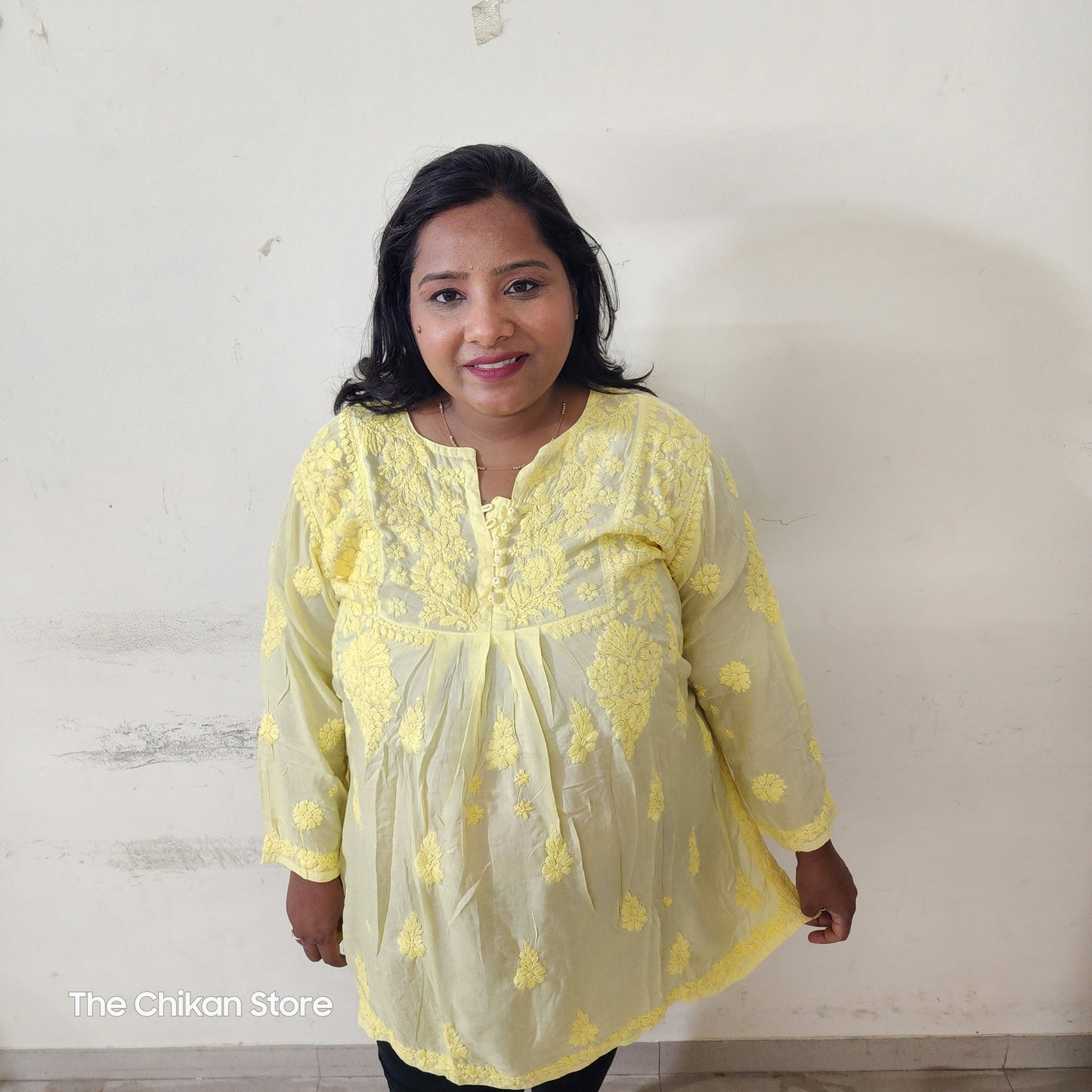 Premium Vanilla Yellow Plus Size Short Modal Tone to Tone 3D Kurti - The Chikan Store