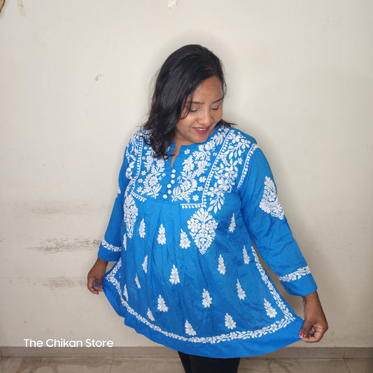 Premium International Klein Blue Plus Size Short Modal Tone to Tone 3D Kurti - The Chikan Store