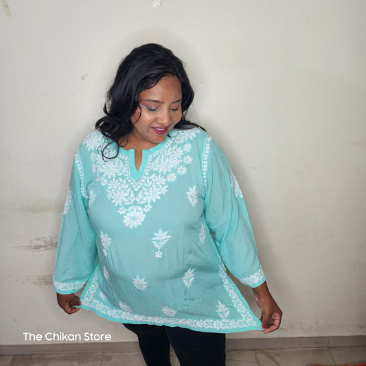 Premium Teal Blue Plus Size Short Modal Tone to Tone 3D Kurti - The Chikan Store