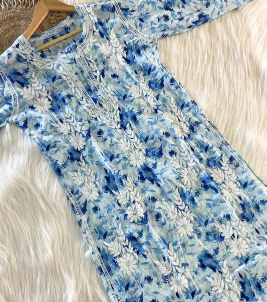 Beautiful mul mul printed soft kurta with chikankari work - The Chikan Store