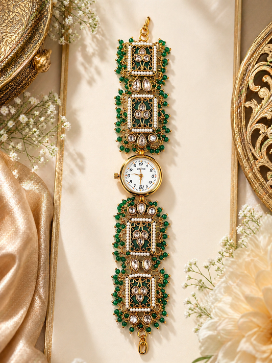 Green Kundan Watch - The Chikan Store