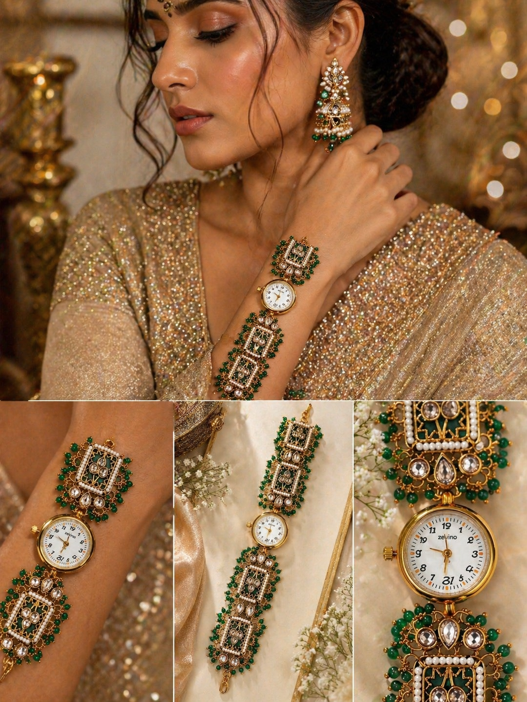 Green Kundan Watch - The Chikan Store