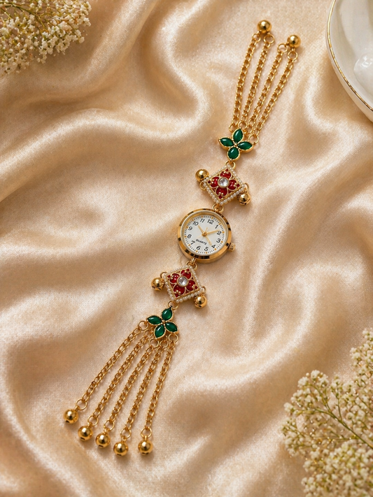 Premium Red & Green Kundan Ethnic Bracelet Watch with Four-Chain Detailing - The Chikan Store