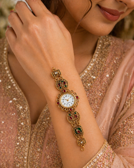 Premium Red & Green Kundan Ethnic Bracelet Watch with Four-Chain Detailing - The Chikan Store