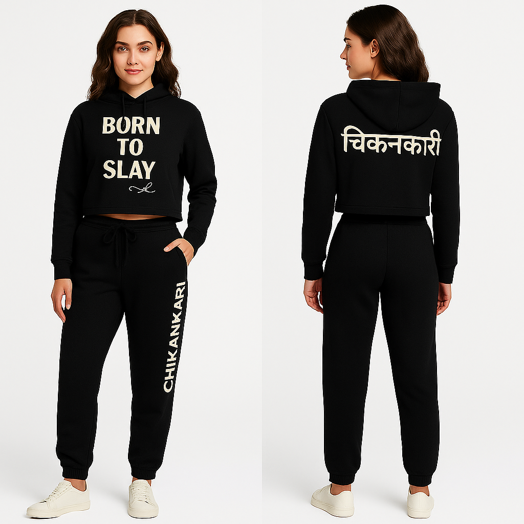 Chikankari crop top hoodie premium Black co-ord set