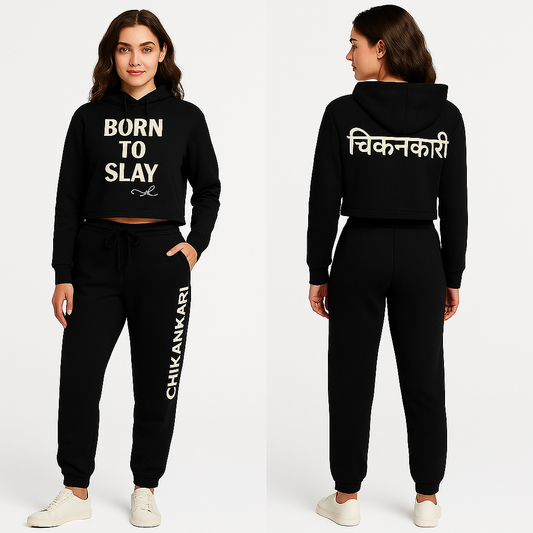 Chikankari crop top hoodie premium Black co-ord set