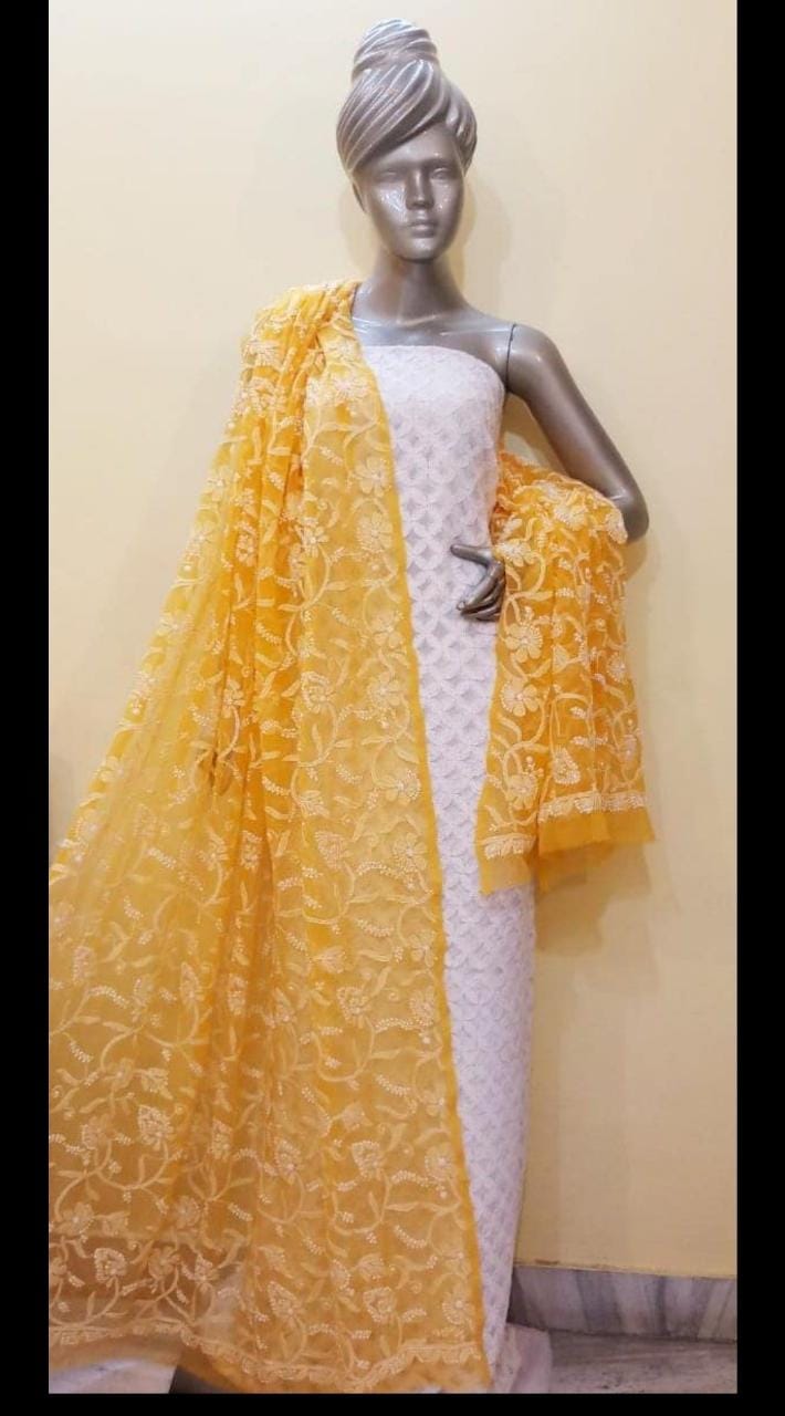 Handmade Full Jaal Work Georgette Dupatta - The Chikan Store
