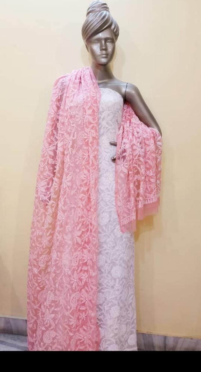 Handmade Full Jaal Work Georgette Dupatta - The Chikan Store