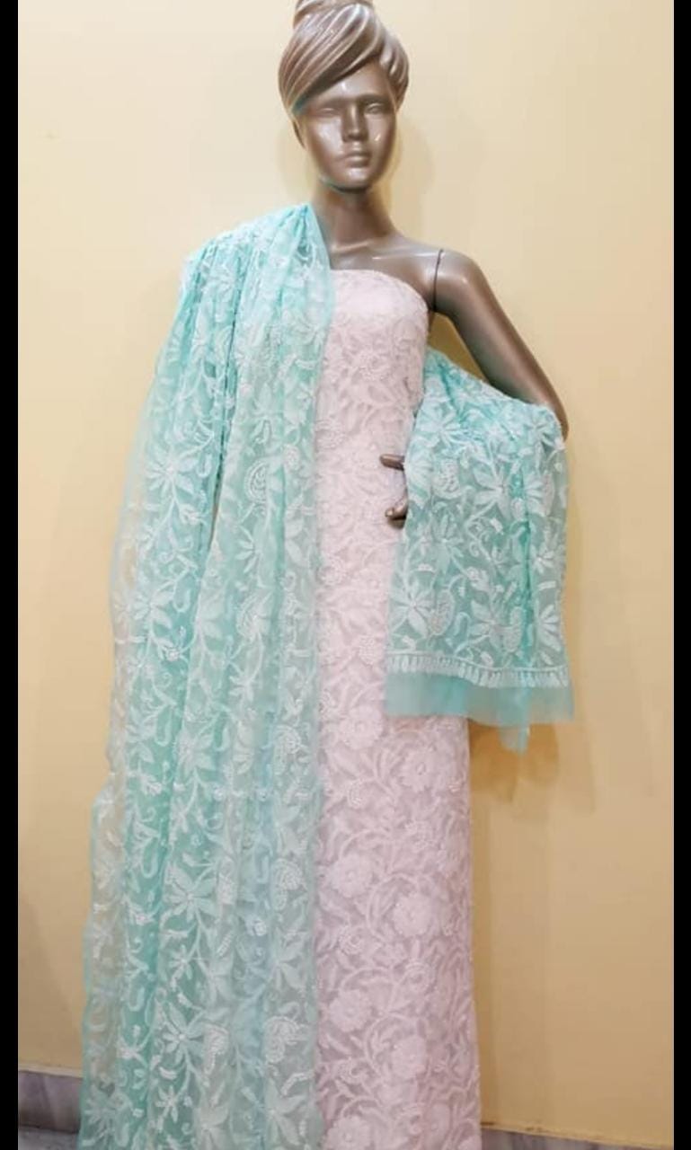 Handmade Full Jaal Work Georgette Dupatta - The Chikan Store