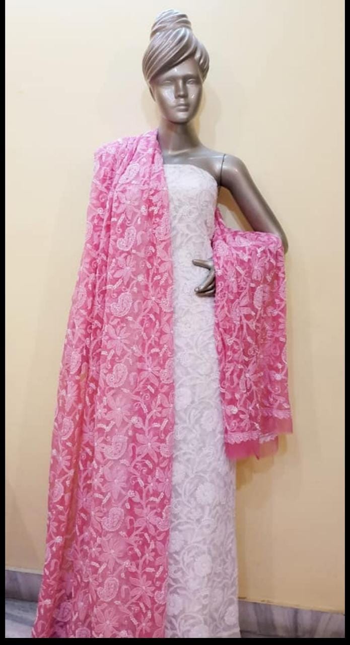 Handmade Full Jaal Work Georgette Dupatta - The Chikan Store