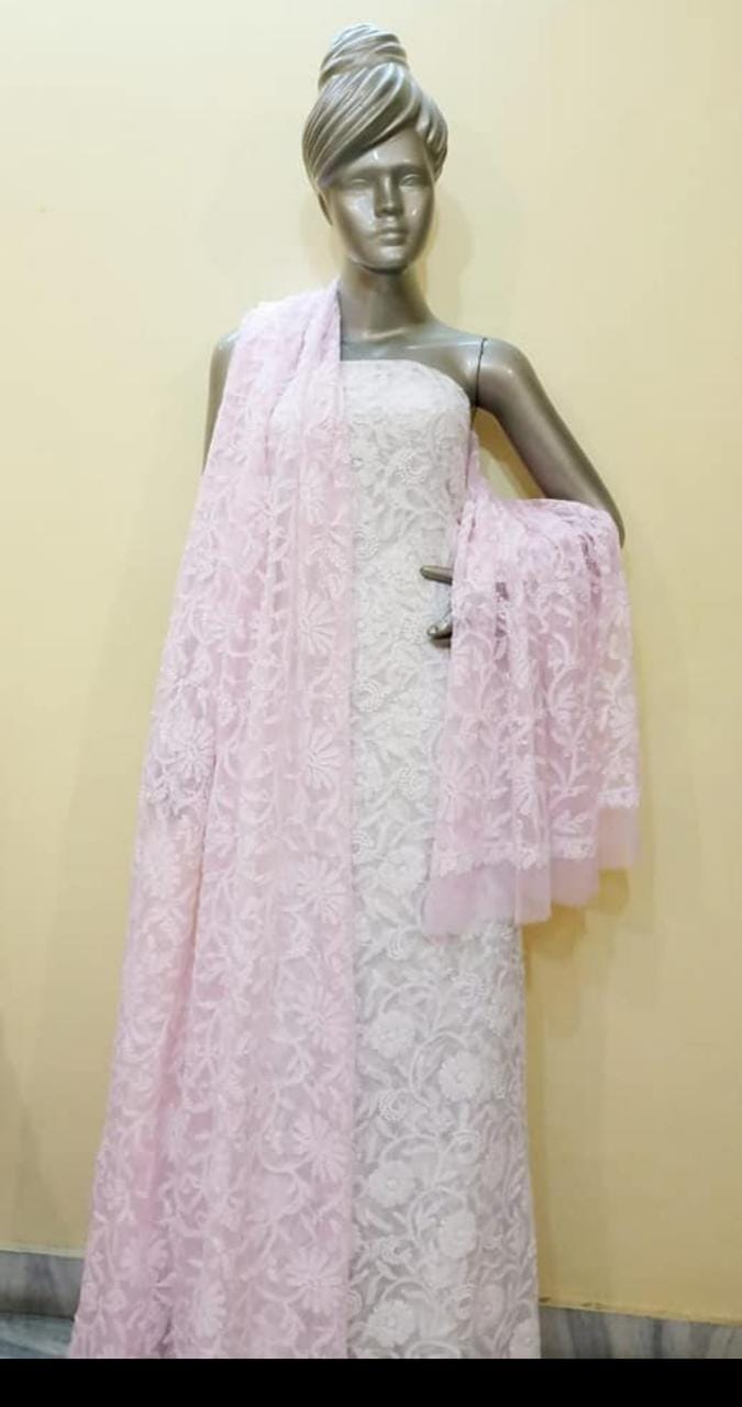 Handmade Full Jaal Work Georgette Dupatta - The Chikan Store