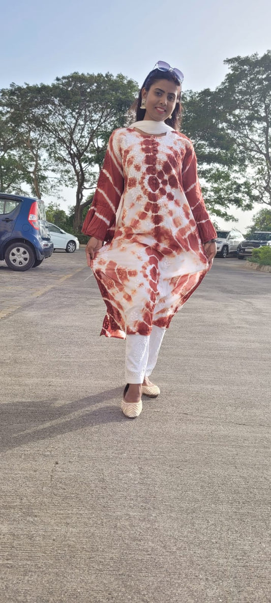 Plus Size Tye and Dye Mulmul heavy work Chikan Kurti with Pearl buttons and Bell Sleeves - The Chikan Store