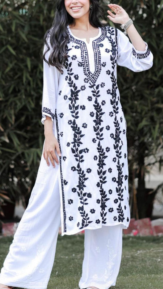 Bela Black & White Kurti & Palazzo Set - The Chikan Store