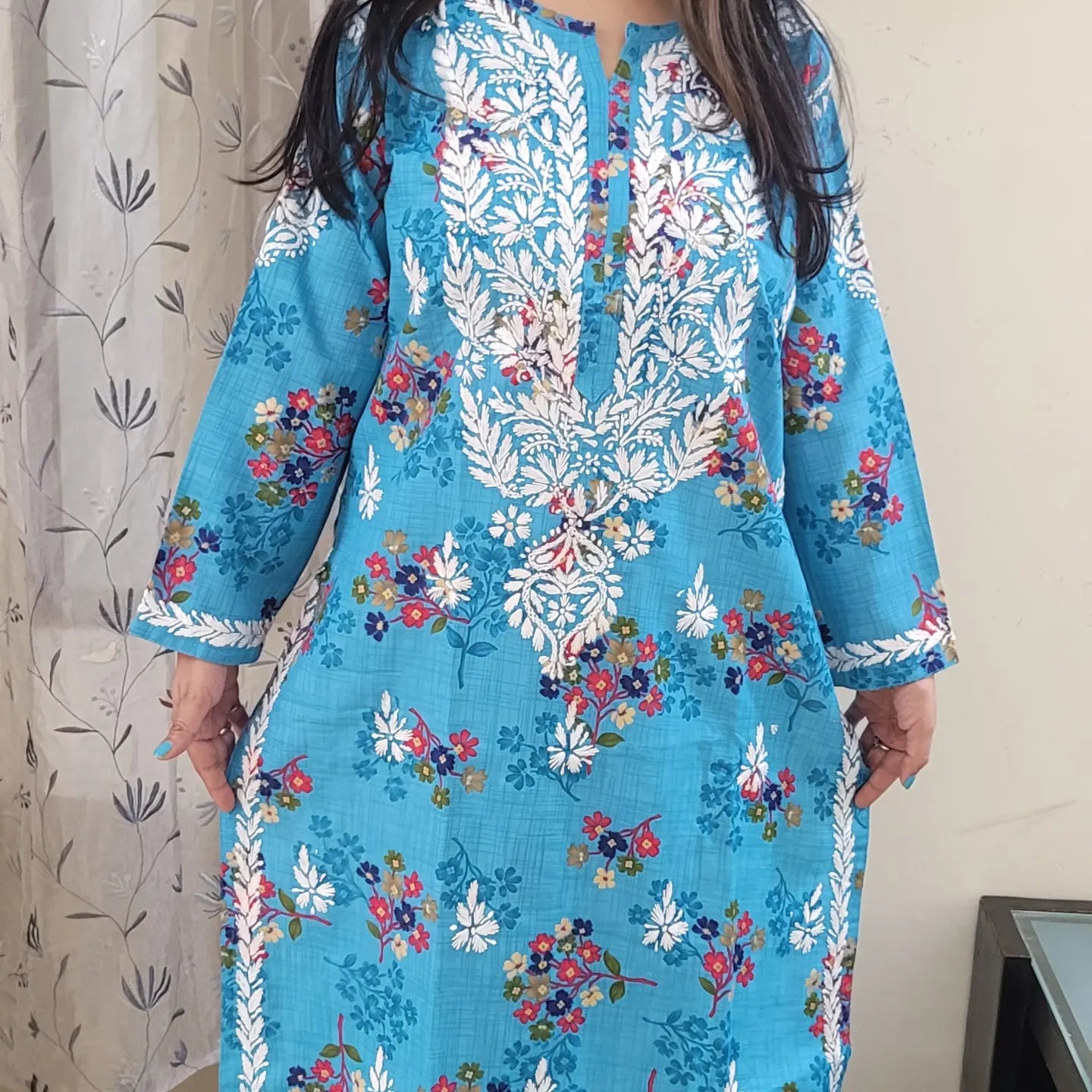 Chikankari cotton ryon printed floral kurtis with beautiful hand work. - The Chikan Store