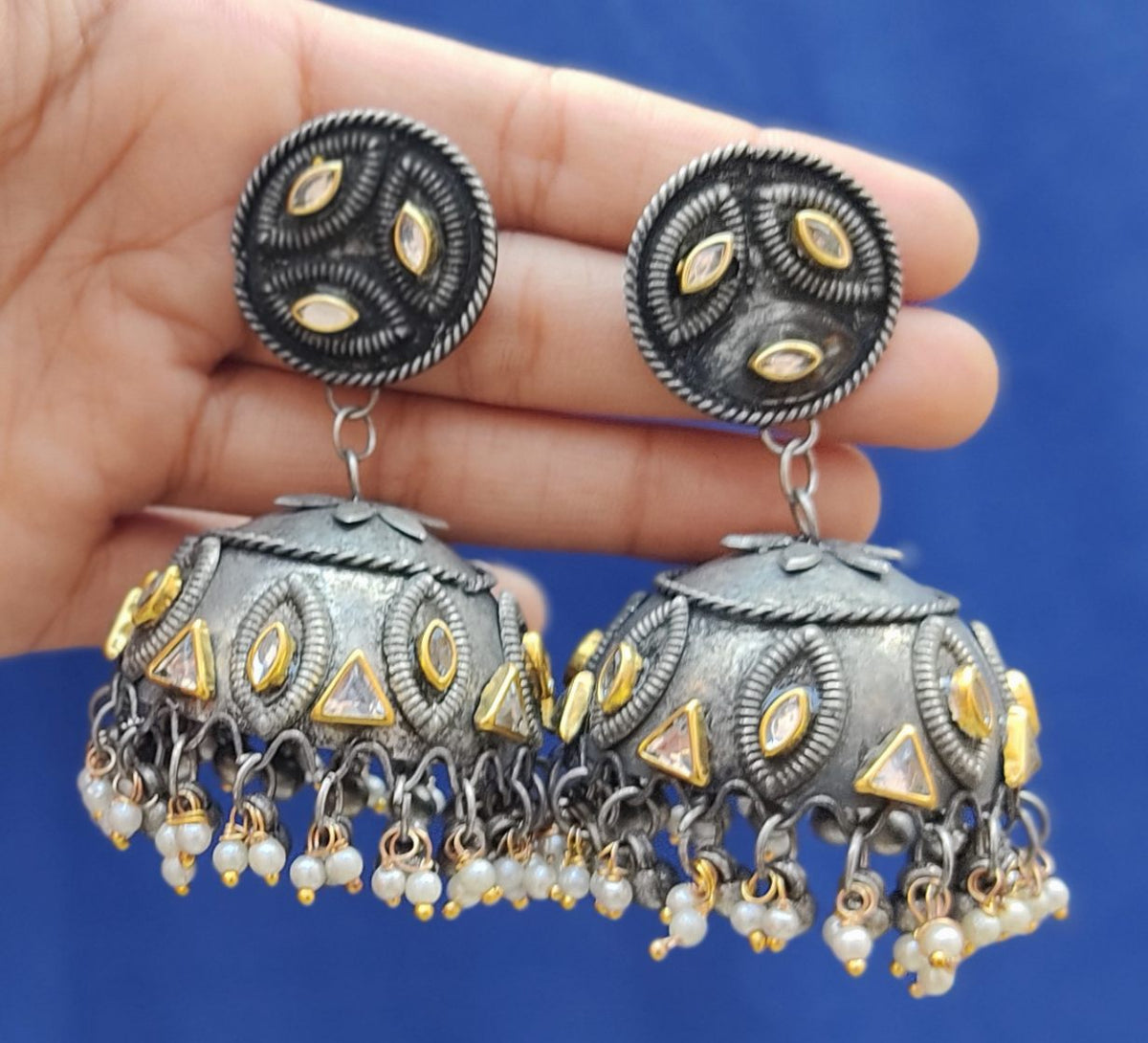 Black Polish Jhumka with Round Stud With Fancy stone Earrings for Women and Girls. - The Chikan Store