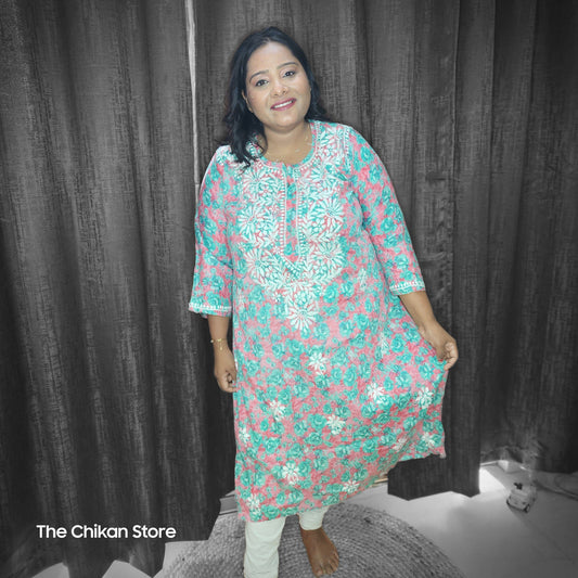 Pastel Pink and Turquoise Plus Size Long Printed Malmal Kurti - The Chikan Store