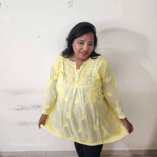 Premium Vanilla Yellow Plus Size Short Modal Tone to Tone 3D Kurti - The Chikan Store