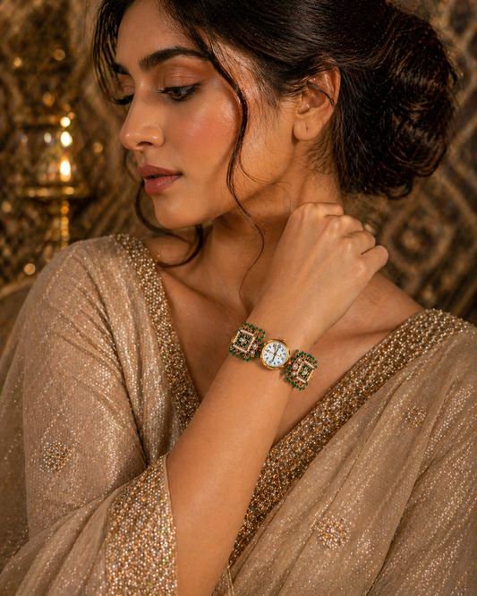 Green Kundan Watch - The Chikan Store