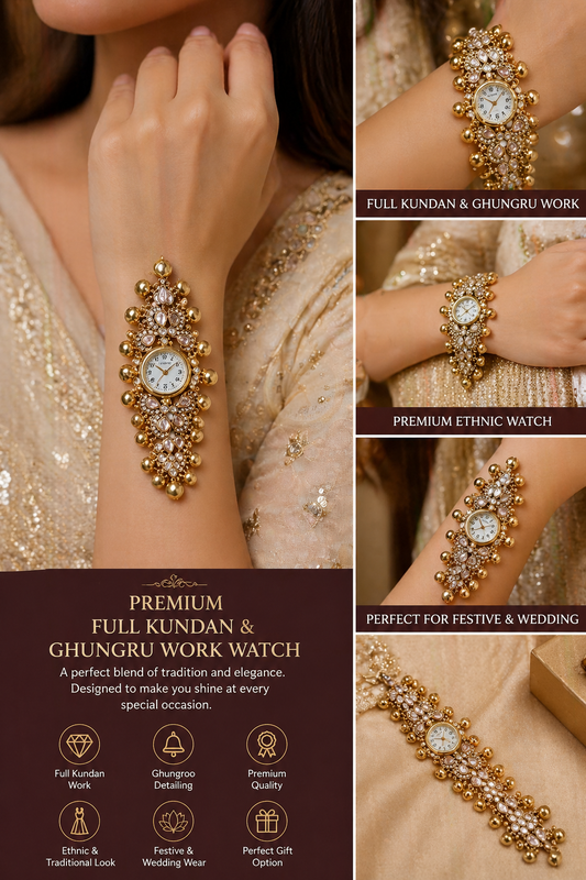 Kundan & Ghungroo Work Ethnic Wrist Watch - The Chikan Store