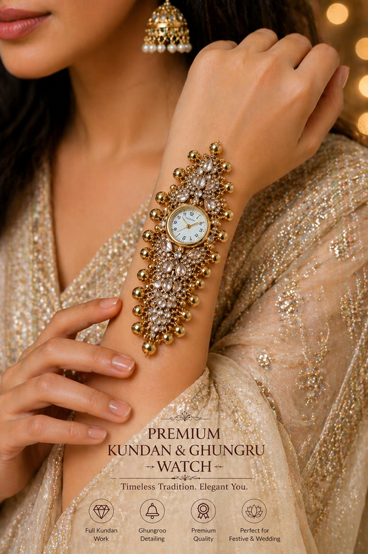Kundan & Ghungroo Work Ethnic Wrist Watch - The Chikan Store