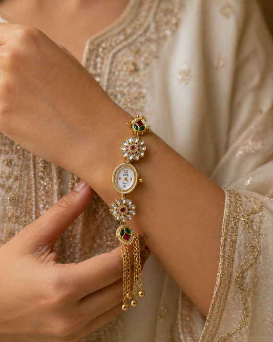 Premium Kundan Ethnic Bracelet Watch with Red & Green Stone Detailing - The Chikan Store
