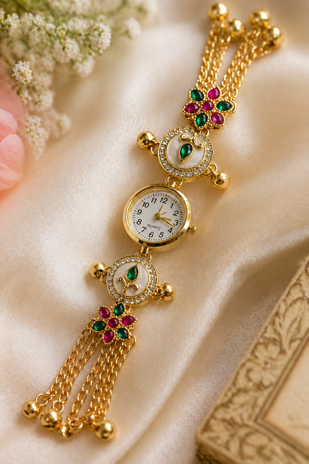 Premium Kundan Ethnic Bracelet Watch with Multicolor Stone & Chain Detailing - The Chikan Store