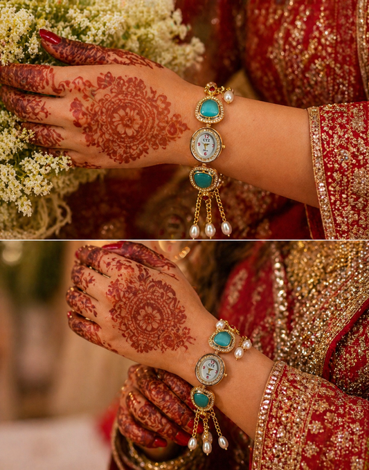 Premium Turquoise Kundan Ethnic Bracelet Watch with Pearl Chain Detailing - The Chikan Store